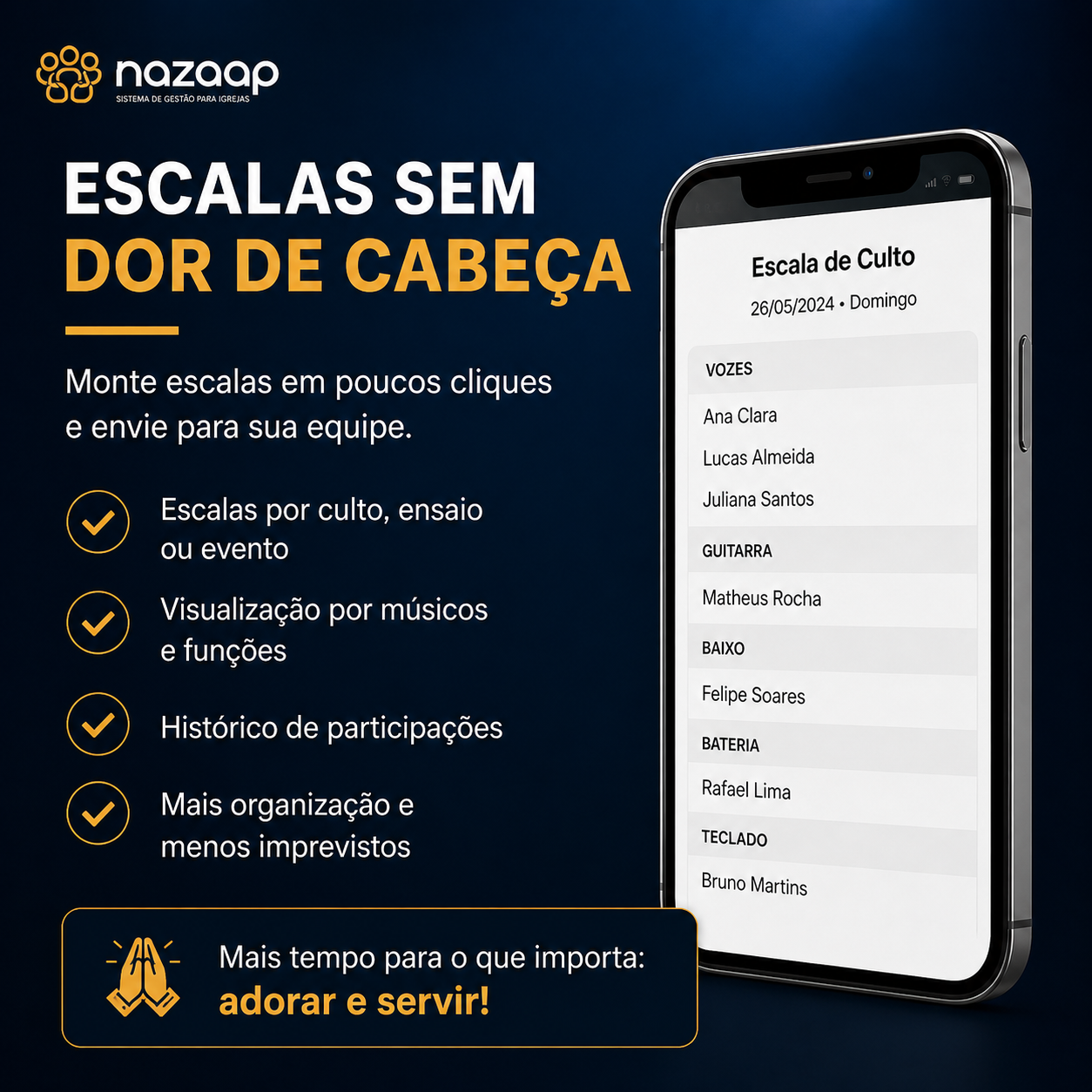 Escalas do Ministério de Louvor no NazaApp